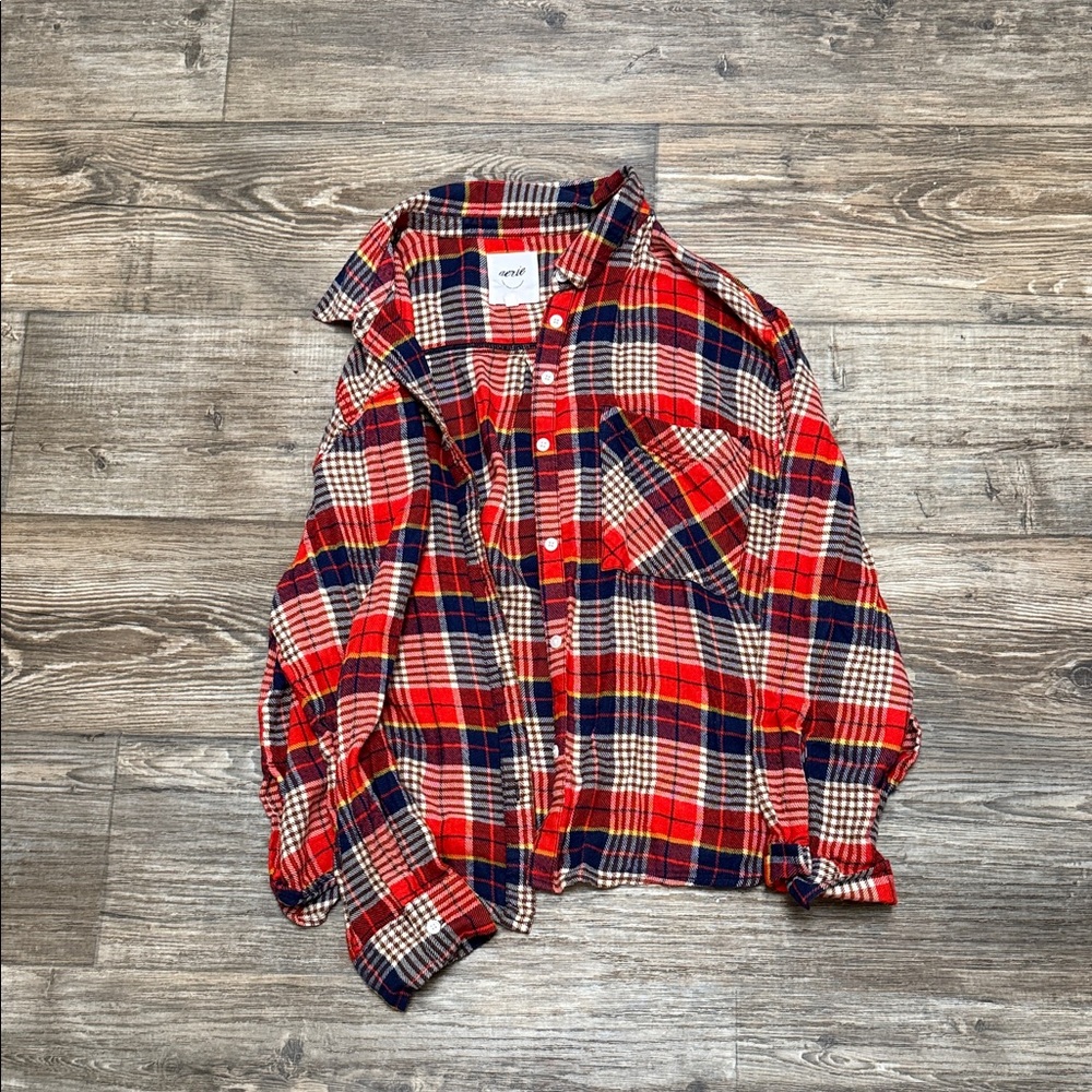 Aerie Red and Blue Plaid Button Down Shirt